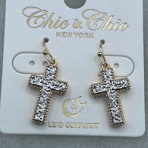 NWT Chic & Chic silver  quartz druzy cross earrings